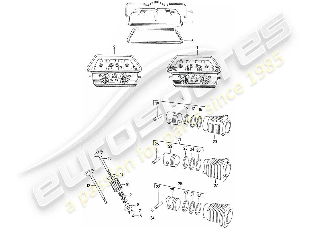 porsche 1953 (356/356a) cylinder head - cylinder with pistons - m >> 10 199 - m >> 21 780 - m >> 50 099 - m >> 21 999 - m >> 33 899 - m >> 40 999 part diagram
