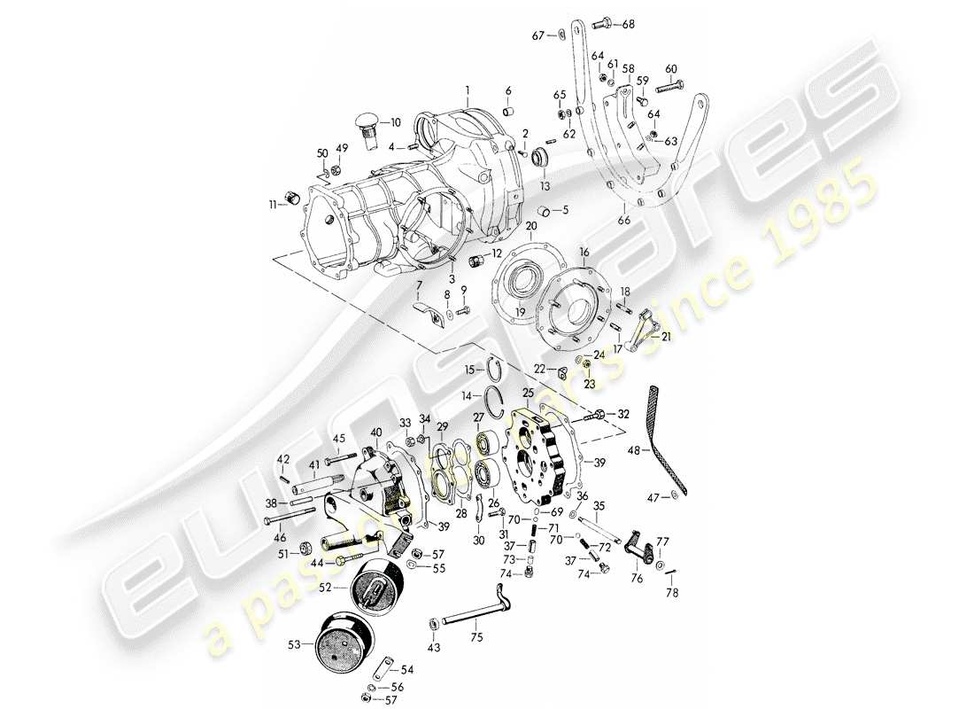 porsche 1957 (356/356a) transmission case - with: - transmission suspension - for - tunnel transmission part diagram