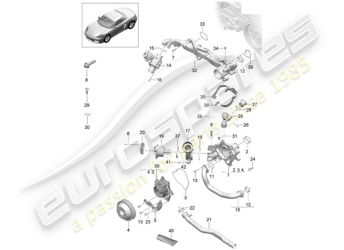 porsche 2019 (718 boxster) coolant cooling system coolant pump thermostat housing assembly carrier parts diagram