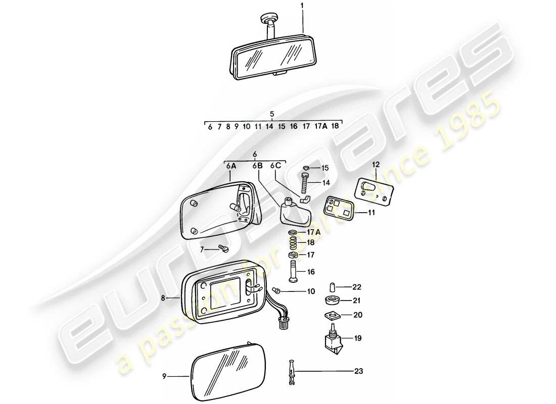 porsche 1986 (911) rear view mirror inner - rear view mirror part diagram