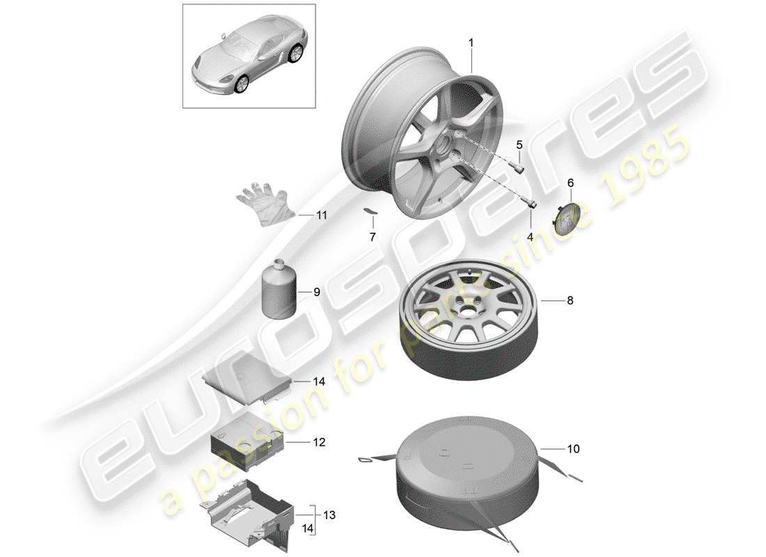 porsche 2017 (718 cayman) aluminium rim spare wheel tyre sealant part diagram