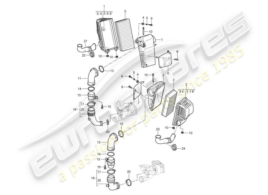 porsche 2010 (cayenne e1 9pa) air filter with connecting parts parts diagram