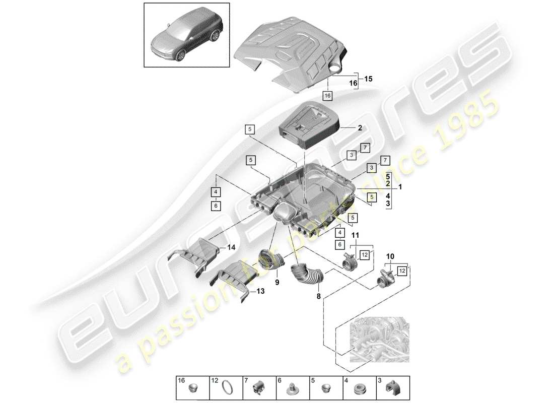 porsche 2020 (cayenne e3 9ya/9yb) air filter with connecting parts engine cover part diagram