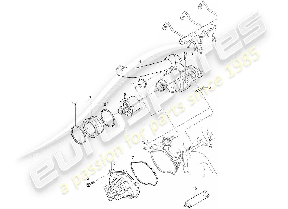 porsche 2009 (cayenne e1 9pa) coolant pump thermostat housing parts diagram