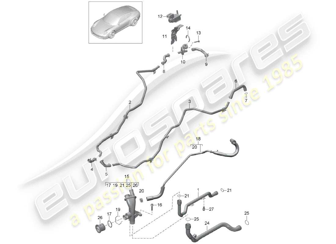 porsche 2016 (991-1) junction water pipe coolant cooling system parts diagram