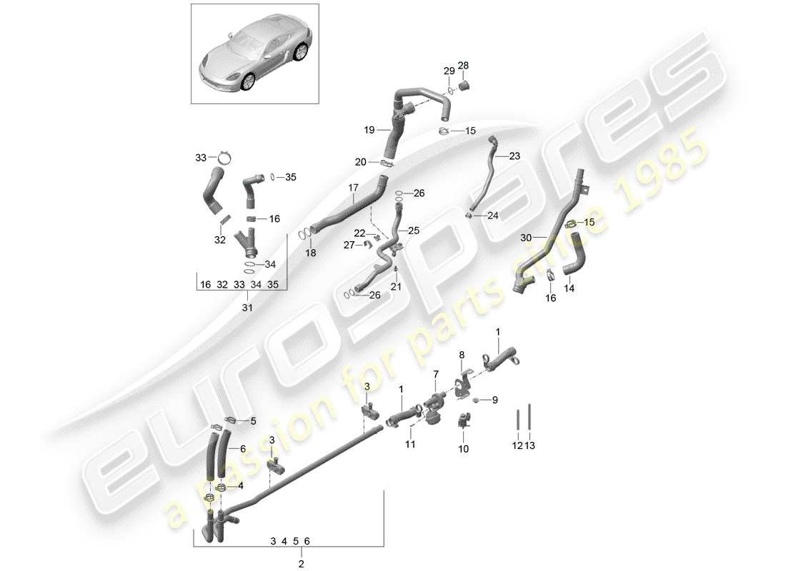 porsche 2017 (718 cayman) coolant cooling system water pipe part diagram
