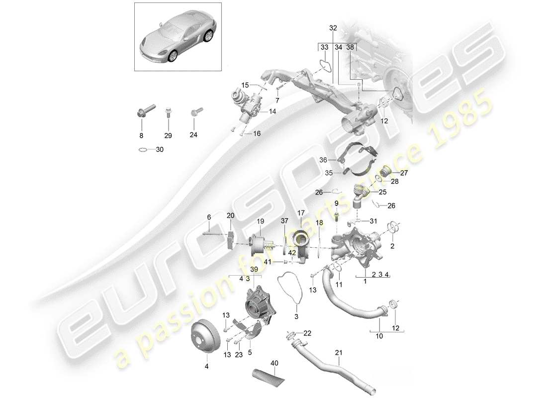 porsche 2017 (718 cayman) coolant cooling system coolant pump thermostat housing assembly carrier part diagram