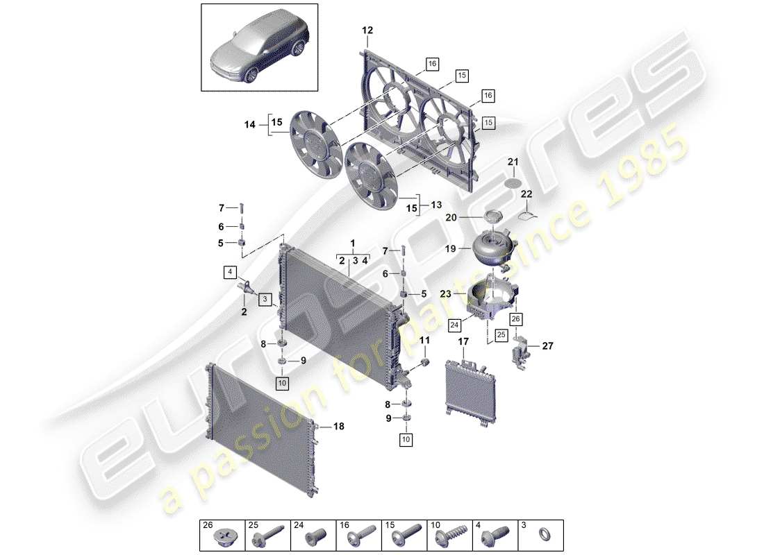 porsche 2020 (cayenne e3 9ya/9yb) coolant cooling system cooler for coolant additional cooler for coolant additional expansion tank part diagram