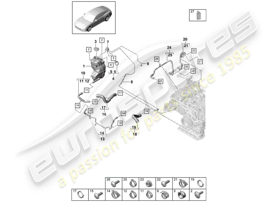 porsche 2020 (panamera 971-1) coolant cooling system coolant expansion tank breather line part diagram