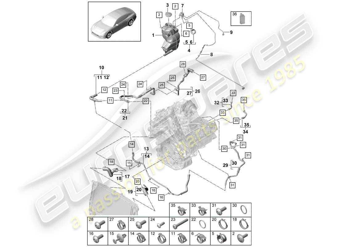 porsche 2019 (panamera 971-1) coolant cooling system coolant expansion tank breather line for models without auxiliary heater part diagram