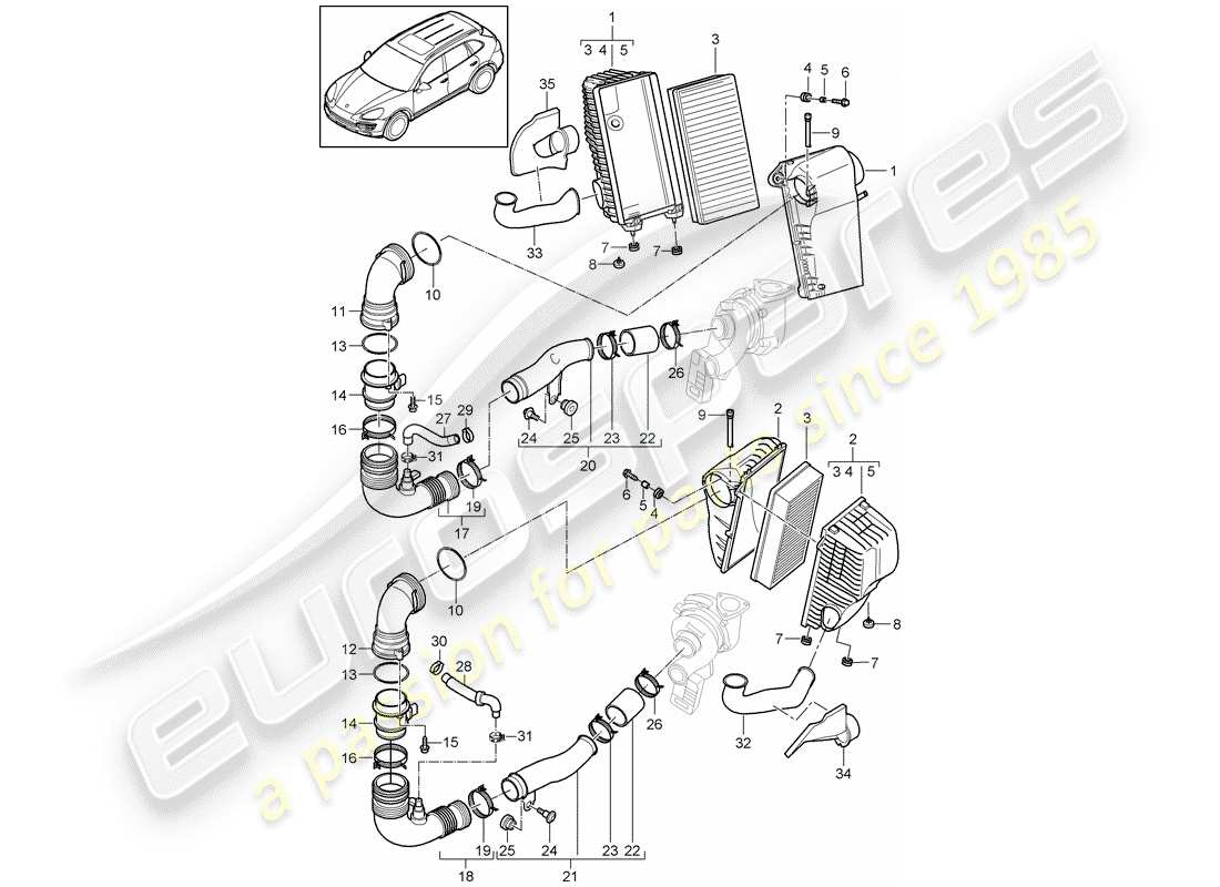 porsche 2011 (cayenne e2 92a) air filter with connecting parts part diagram