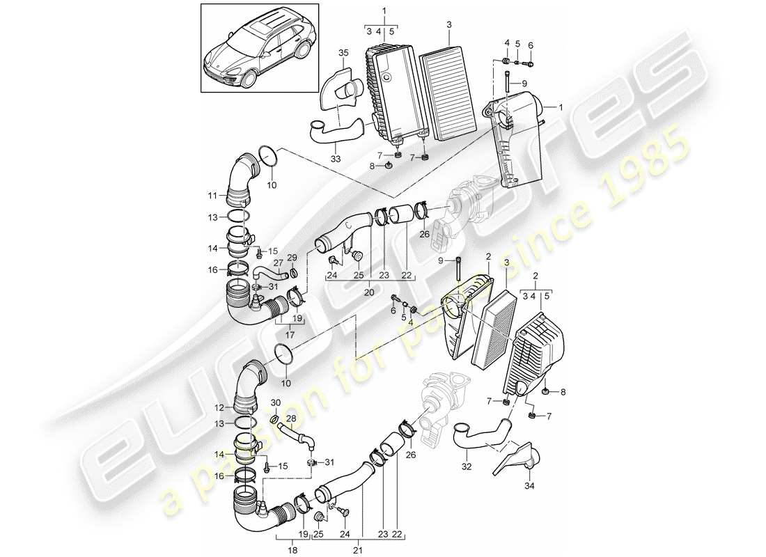 porsche cayenne e2 (2011) air cleaner with connecting parts diagram