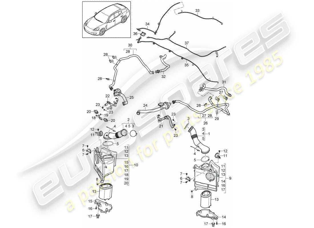 porsche 2016 (panamera 970) air filter with connecting parts parts diagram