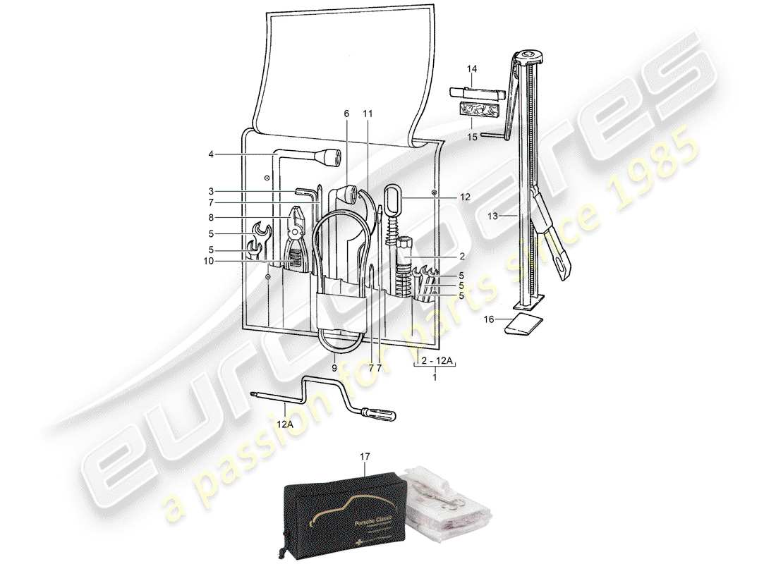 porsche 1988 (911) tool - jack - first aid kit part diagram