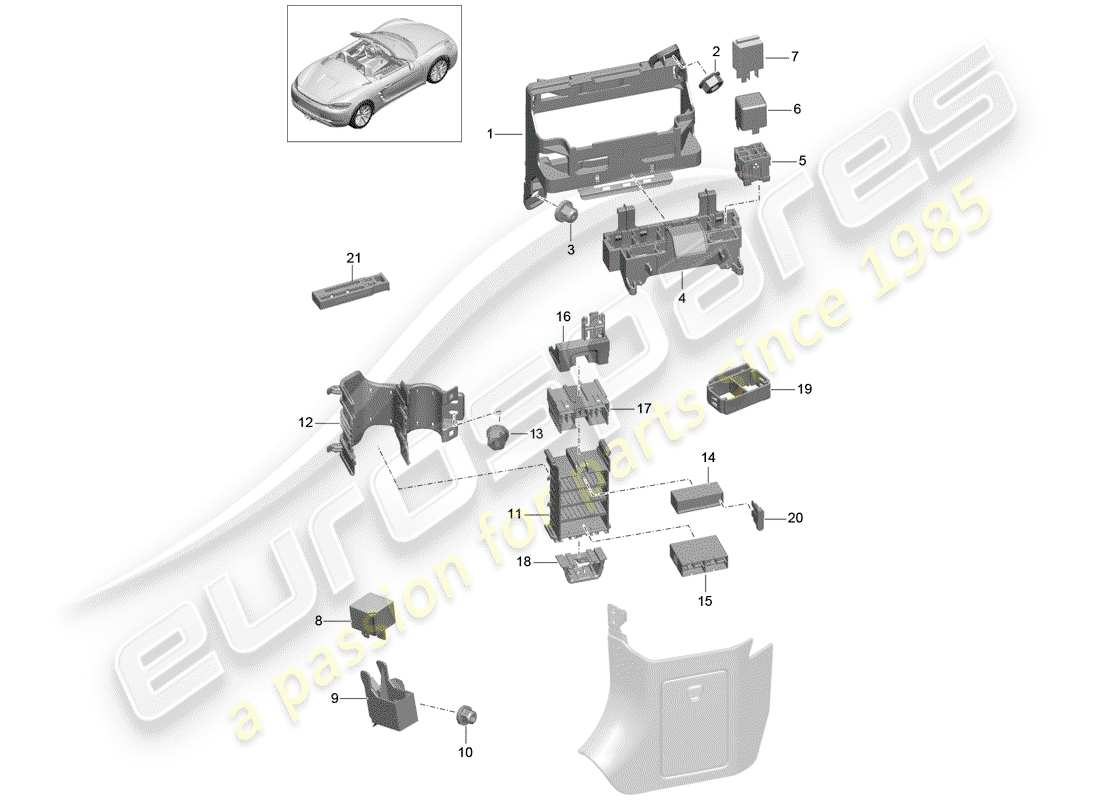 porsche 2019 (718 boxster) central electrics dashboard parts diagram