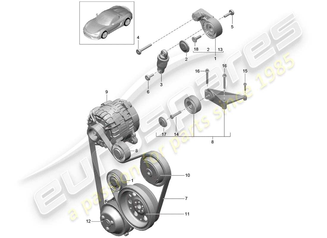 porsche 2016 (981 boxster spyder) v-belt belt tensioner damper parts diagram