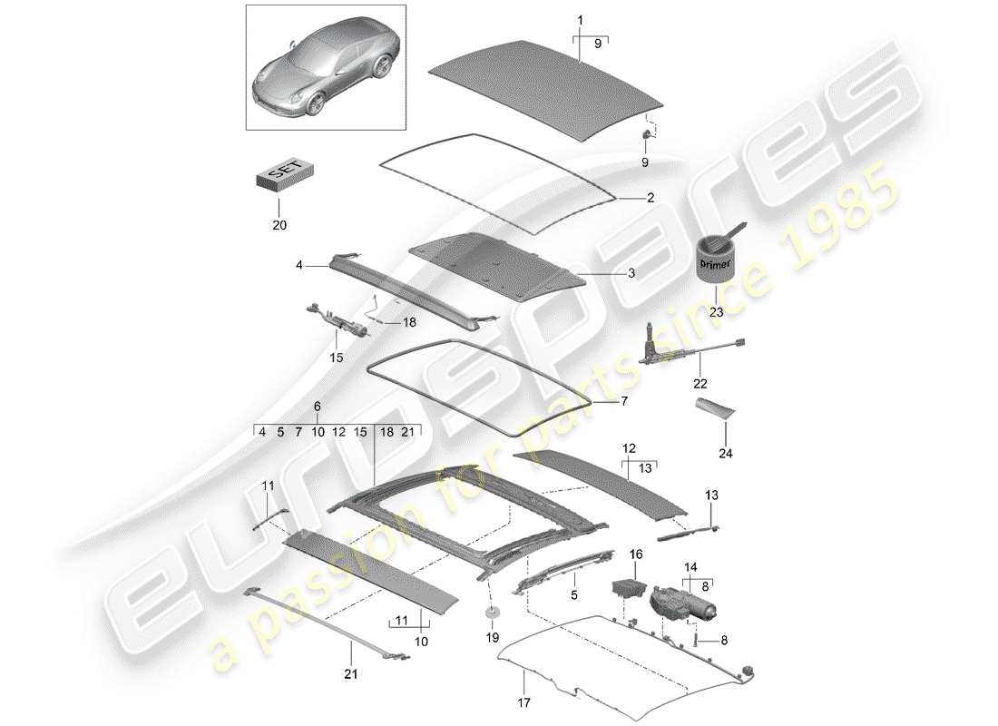 porsche 991 (2012) sunroof parts diagram