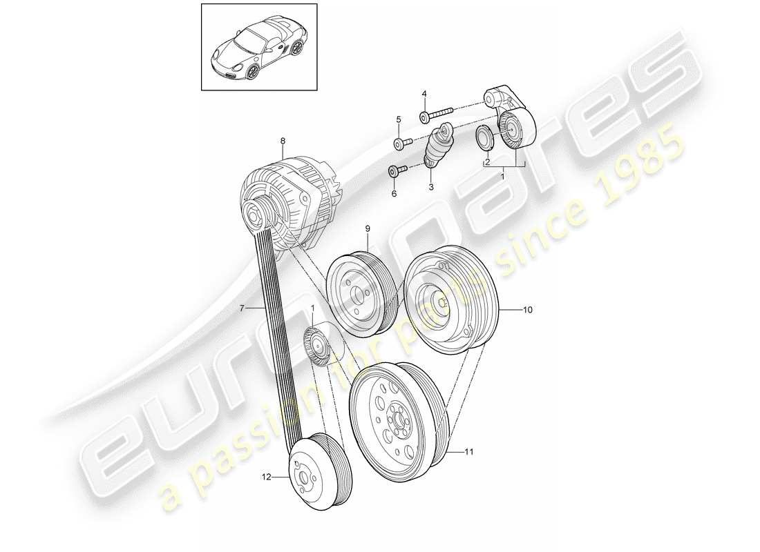 porsche 2009 (987 boxster) belt tensioner damper v-belt parts diagram