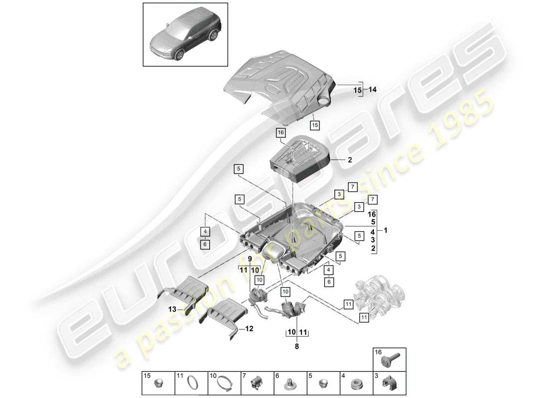 porsche 2019 (cayenne e3 9ya/9yb) air filter with connecting parts engine cover parts diagram