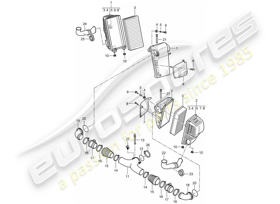 porsche 2007 (cayenne e1 9pa) air filter with connecting parts part diagram