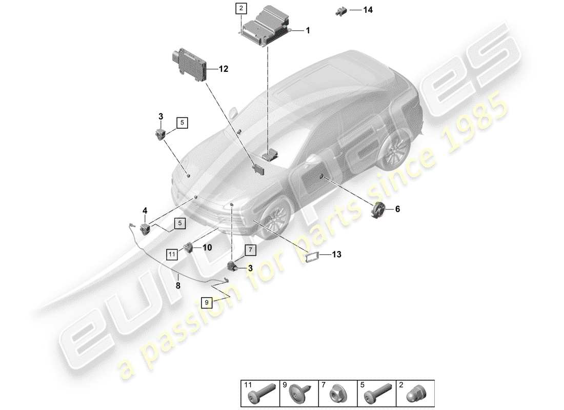 porsche 2020 (cayenne e3 9ya/9yb) control unit sensors airbag pressure sensor pedestrian protection part diagram