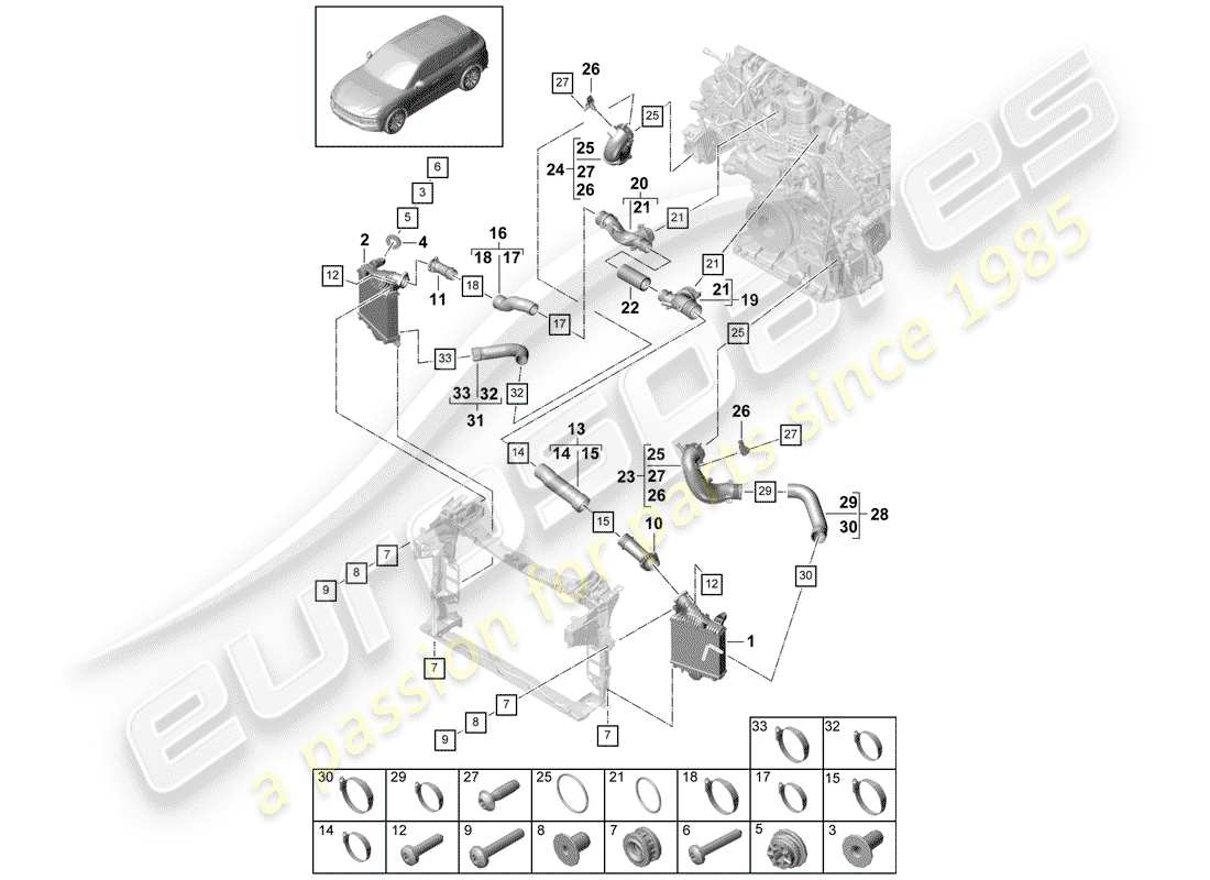 porsche 2020 (cayenne e3 9ya/9yb) charge air cooler pressure pipe part diagram