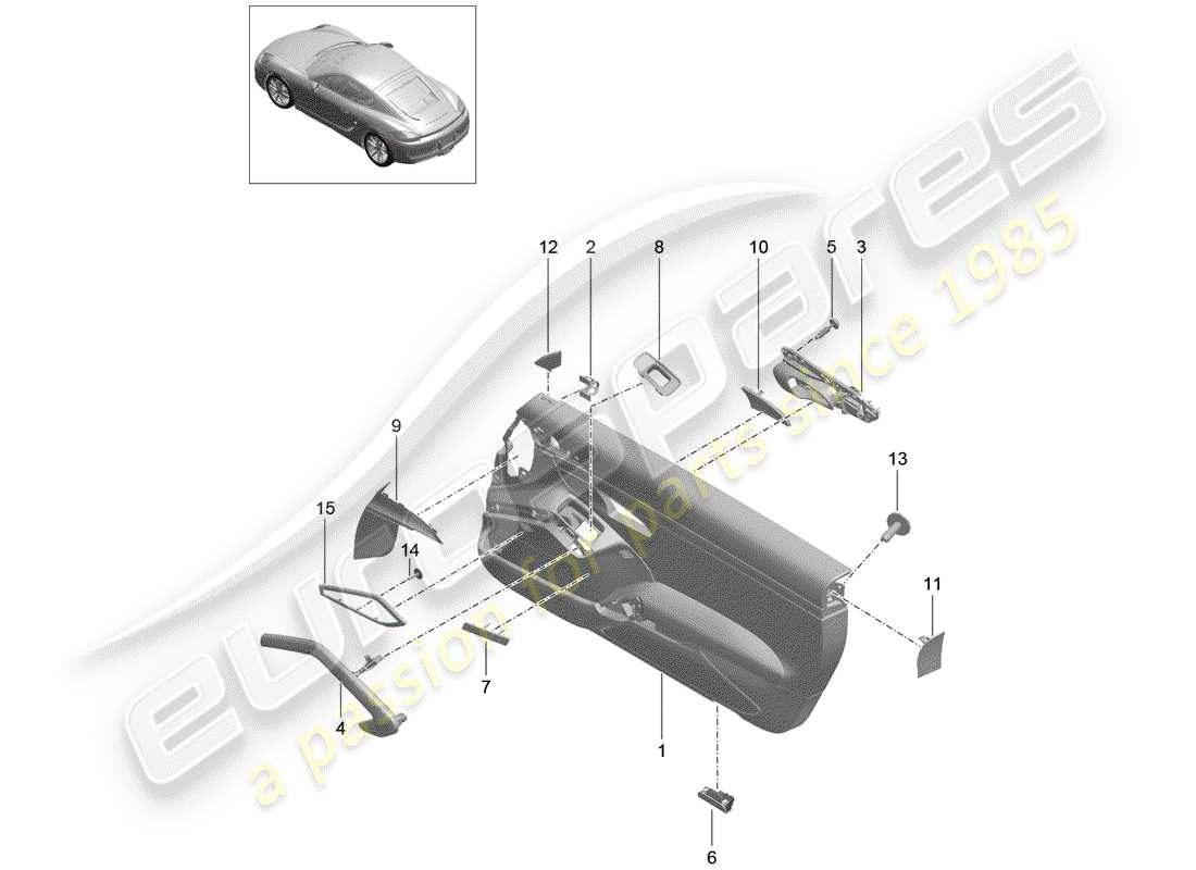 porsche 2014 (981 cayman) door panel leather alcantara trim galvano silver part diagram