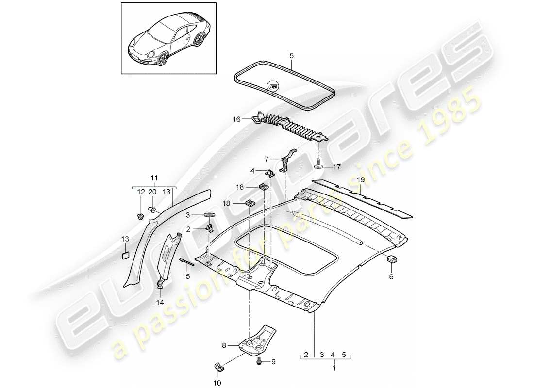 porsche 2011 (997-2 turbo / gt2 rs) roof trim panel parts diagram