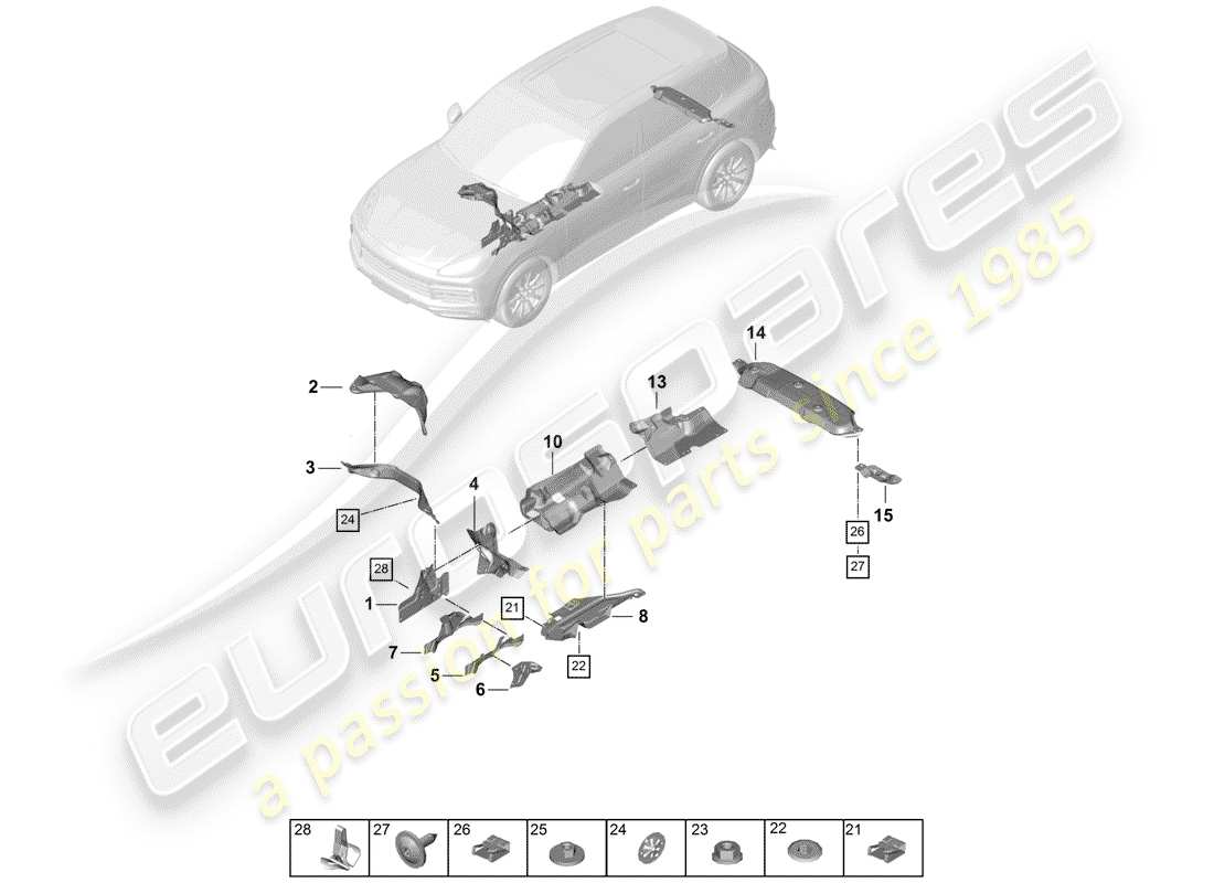 porsche 2018 (cayenne e3 9ya/9yb) heat insulation underbody parts diagram