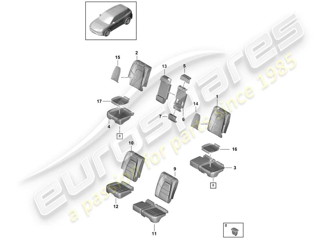 porsche 2018 (cayenne e3 9ya/9yb) seat rear standard seat foam part backrest covers seat covers parts diagram