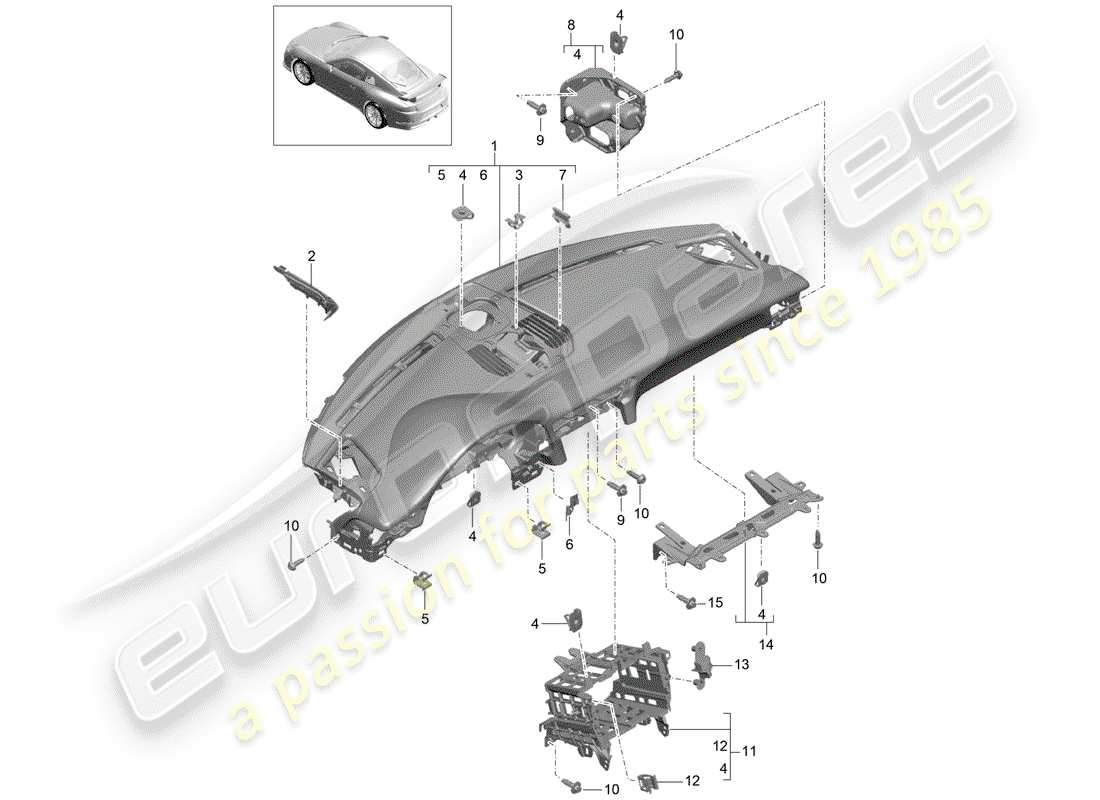 porsche 991r/gt3/rs (2019) dash panel trim part diagram