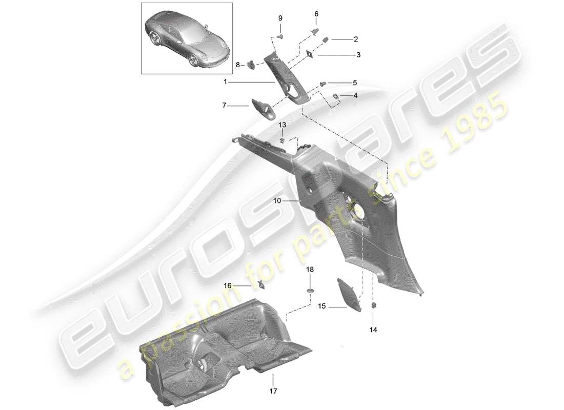 porsche 2014 (991-1) side panel trim seat well b-pillar parts diagram