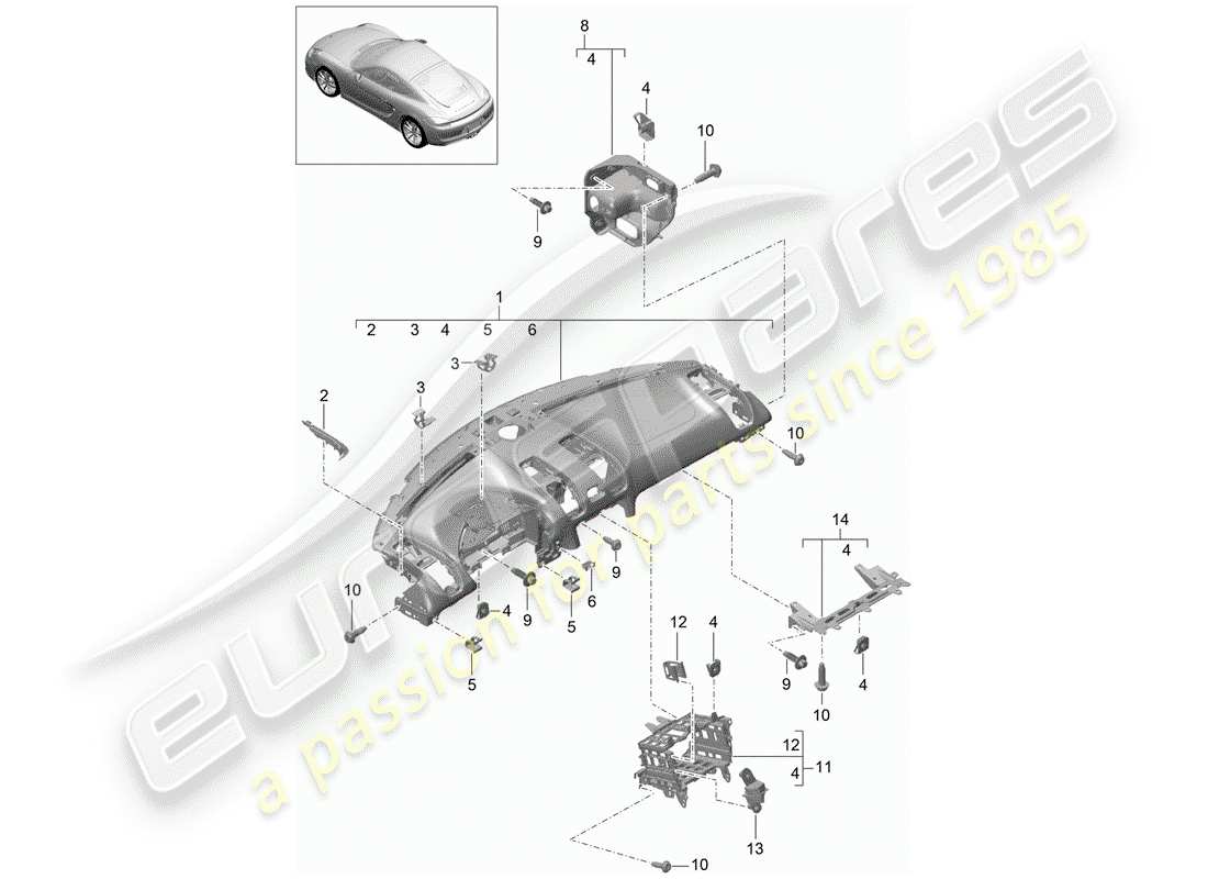 porsche 2015 (981 cayman) instrument panel trim upper part with: fasteners part diagram