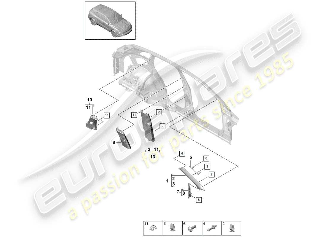 porsche 2020 (cayenne e3 9ya/9yb) trim upper a-pillar b-pillar c-pillar trim and deformation element part diagram