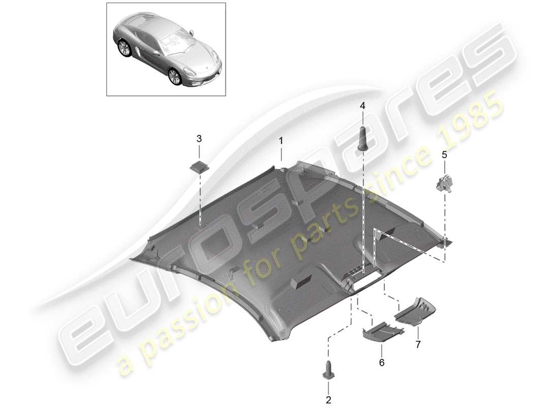 porsche 2015 (981 cayman) roof trim part diagram