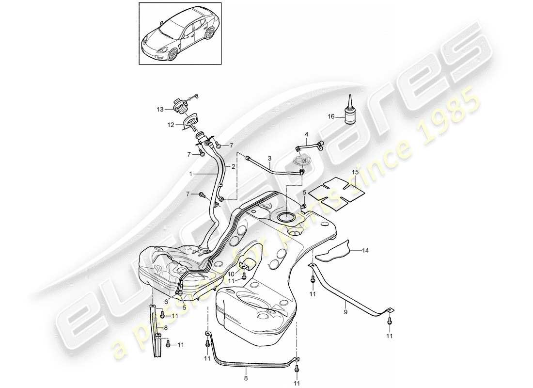 porsche 2010 (panamera 970) fuel tank with attachments part diagram