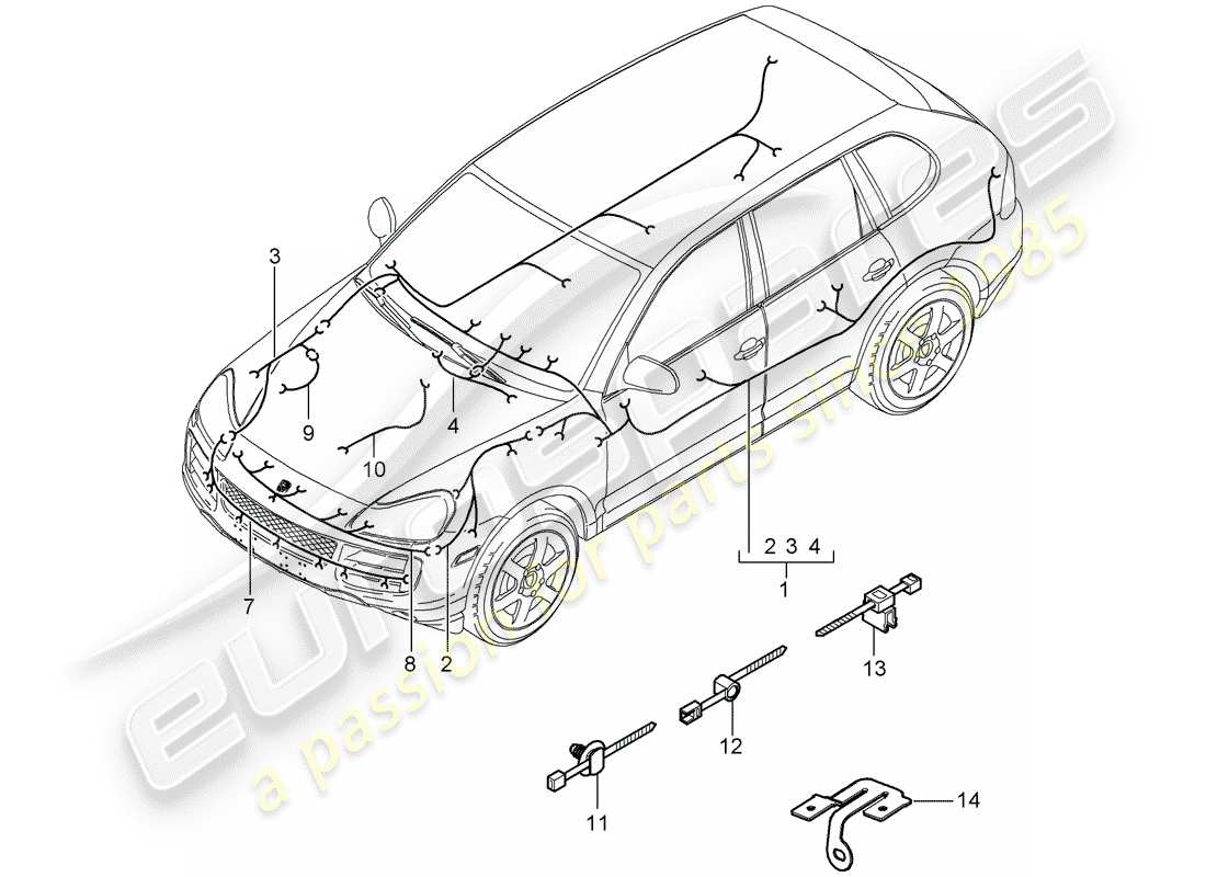 porsche 2007 (cayenne e1 9pa) wiring looms passenger compartment bumper front end anti-locking brake syst. -abs- brake pad wear display front axle part diagram