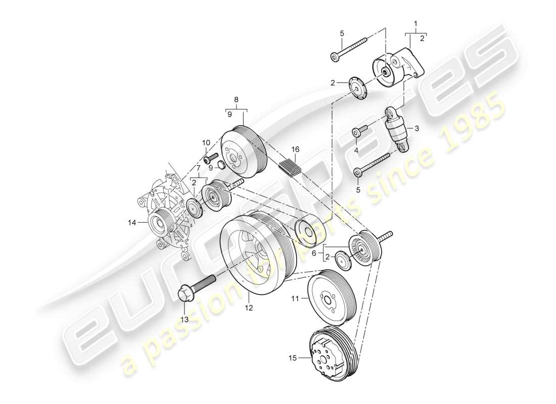 porsche 2009 (cayenne e1 9pa) belt tensioner damper idler pulley v-belt parts diagram