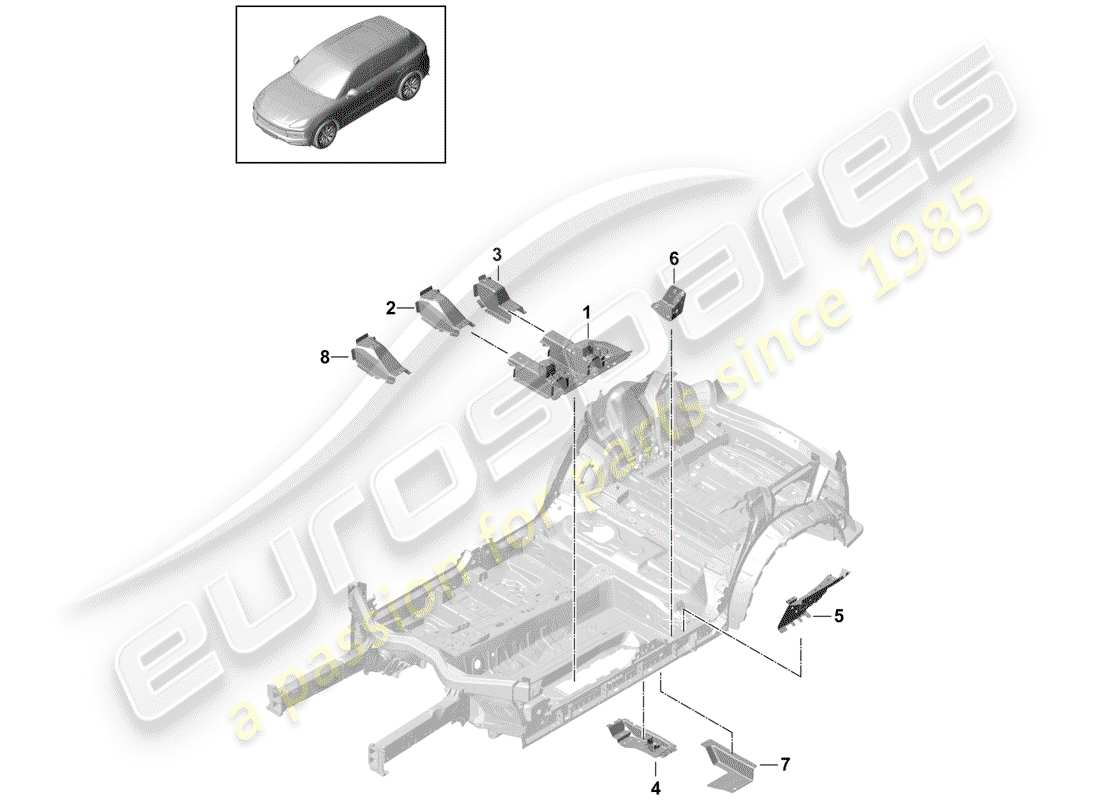 porsche 2020 (cayenne e3 9ya/9yb) floor plates center seat support part diagram