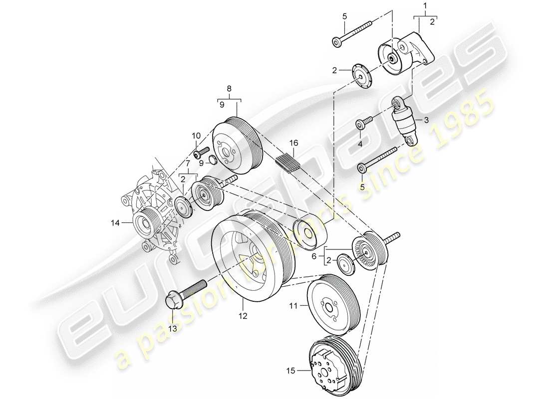 porsche 2008 (cayenne e1 9pa) belt tensioner damper idler pulley v-belt part diagram