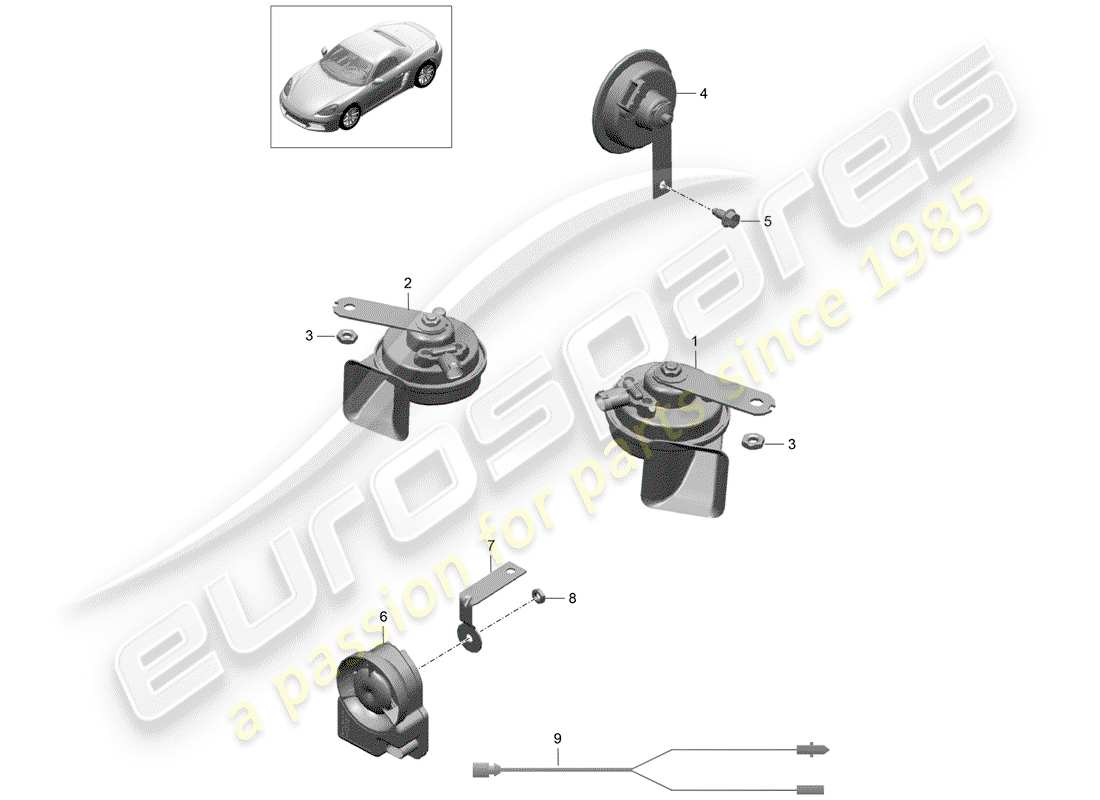 porsche 2019 (718 boxster) fanfare signal horn alarm system parts diagram