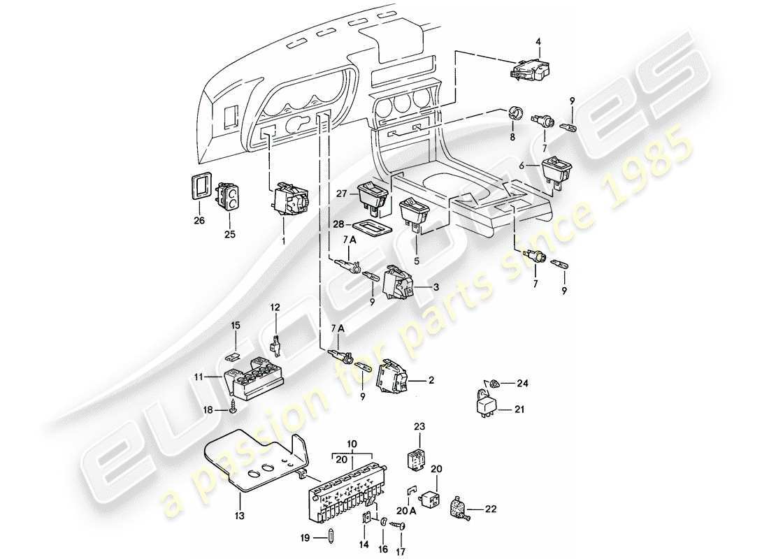 porsche 1983 (944) switch - fuse box - relay parts diagram