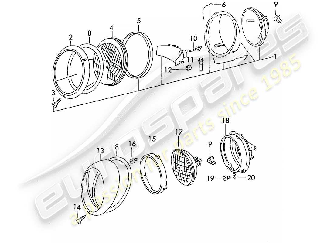 porsche 1970 (911) headlamp parts diagram