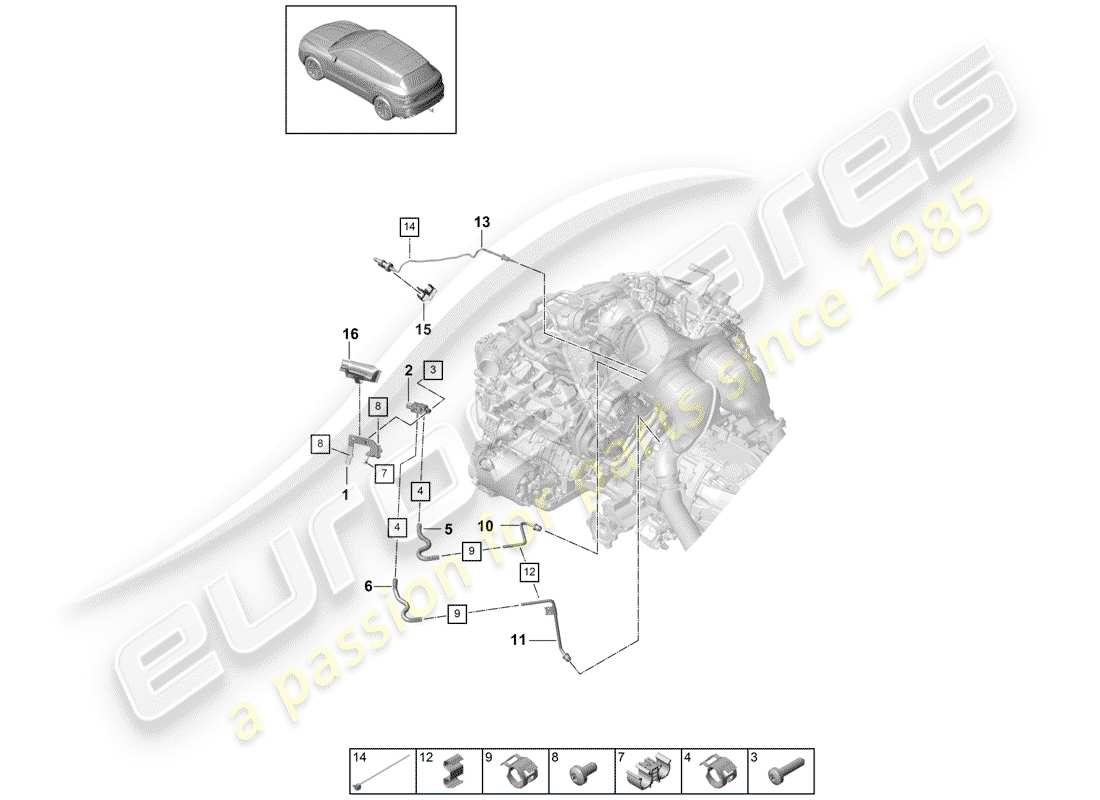 porsche 2019 (cayenne e3 9ya/9yb) control line with pressure difference sender exhaust gas temperature sender parts diagram