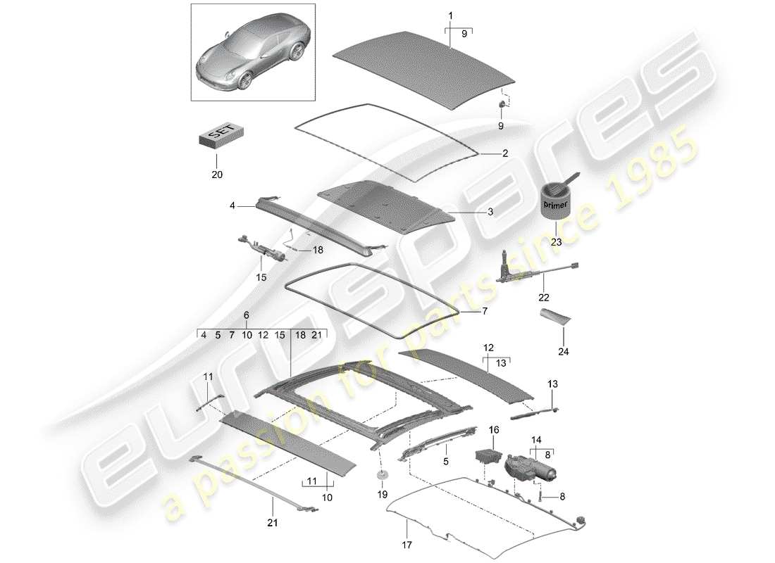 porsche 2016 (991-1) glass sunroof parts diagram