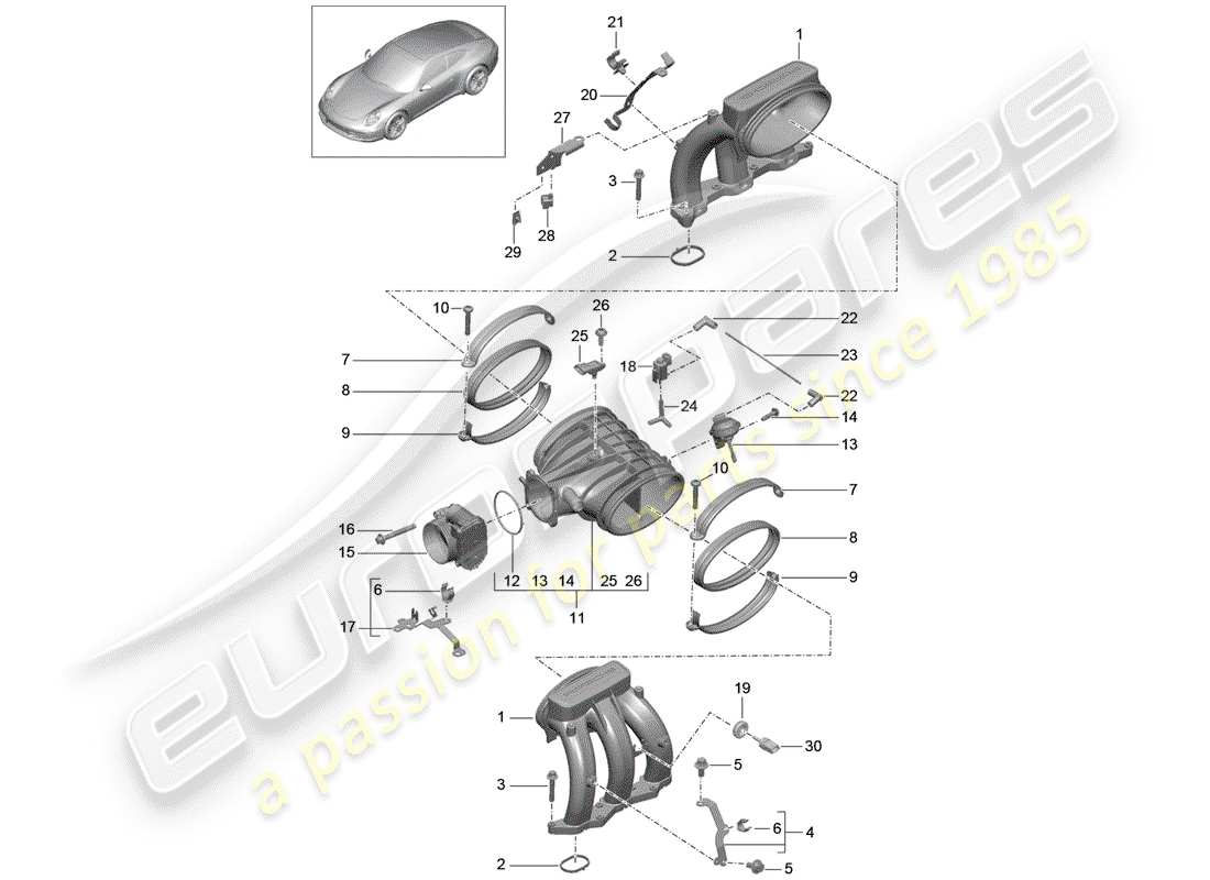 porsche 2014 (991-1) intake air distributor throttle valve adapter parts diagram
