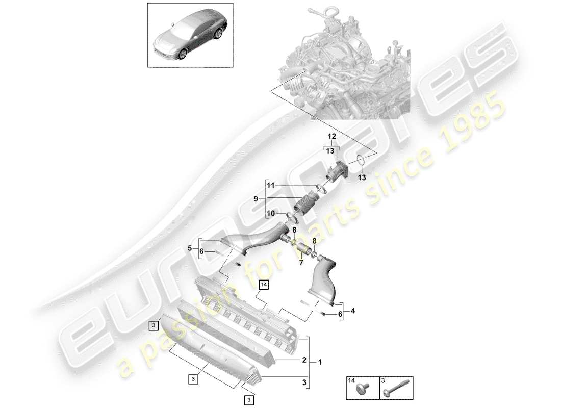 porsche 2019 (panamera 971-1) air filter with connecting parts intake hose part diagram