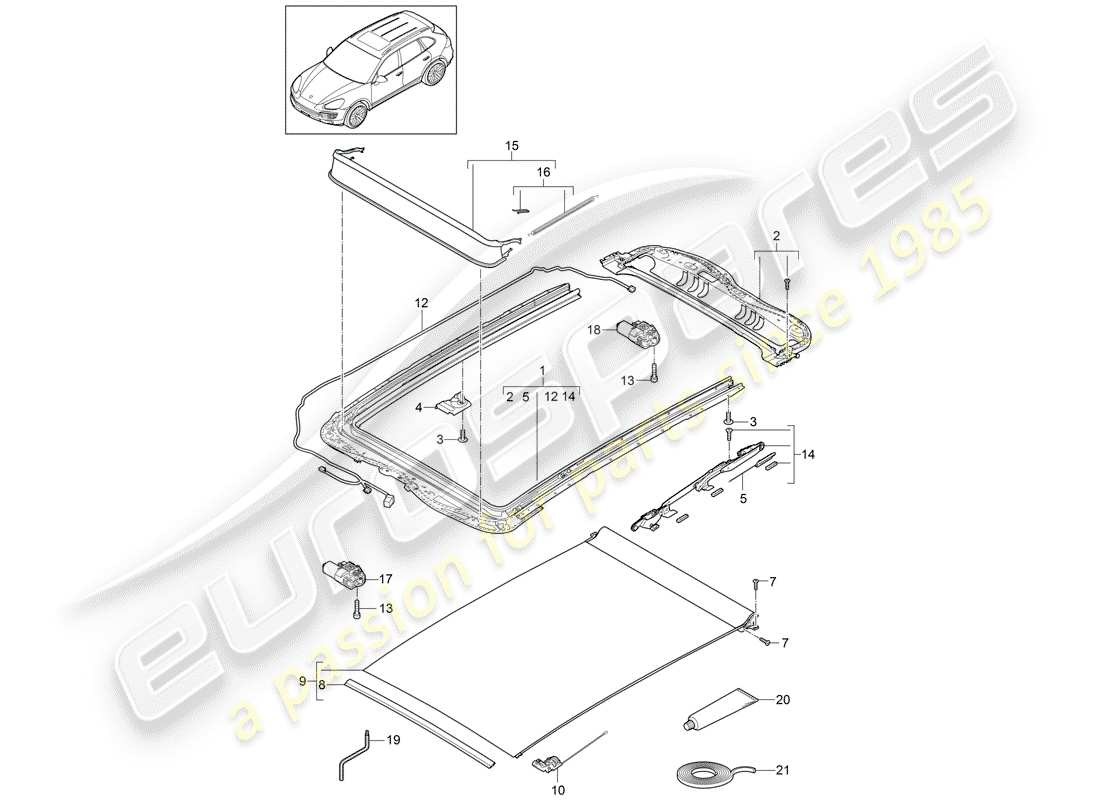 porsche 2011 (cayenne e2 92a) glass roof frame accessories part diagram