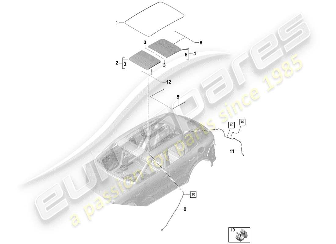 porsche 2020 (cayenne e3 9ya/9yb) glass roof accessories cover water drainage hose part diagram