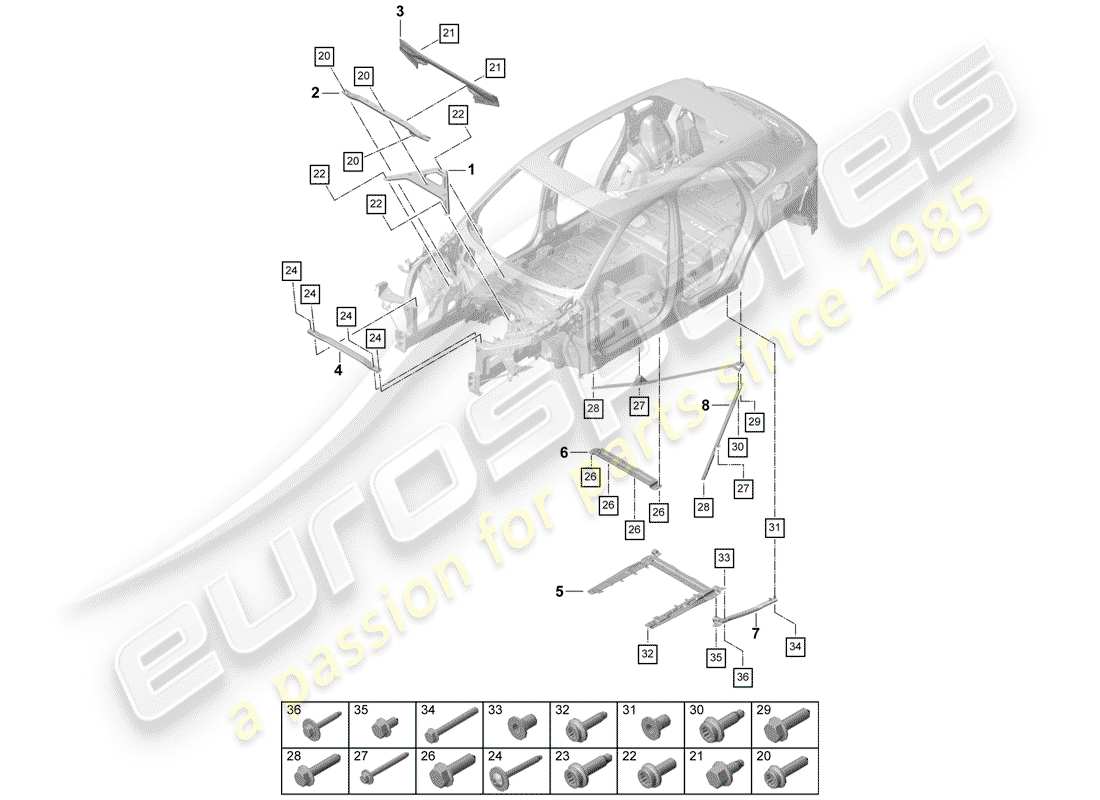 porsche 2020 (cayenne e3 9ya/9yb) dome strut part diagram